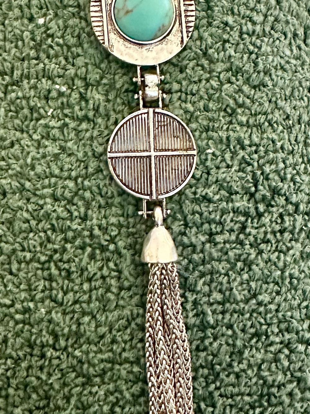 Lucky Brand Reversible Faux Turquoise Medallion Tassel Statement Necklace